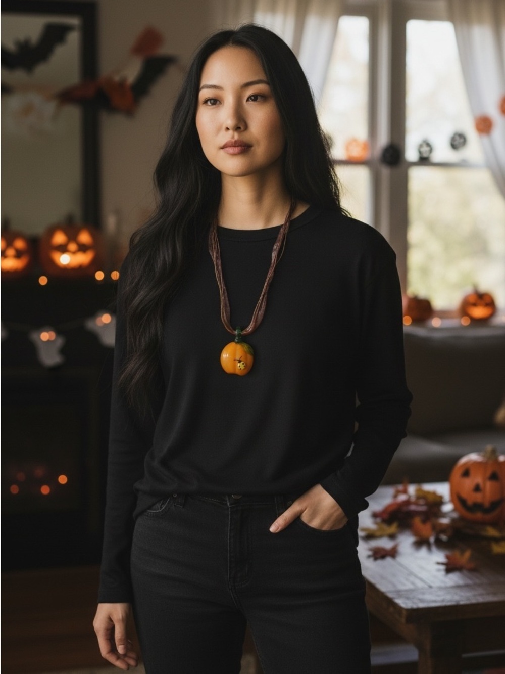 Halloween Women’s Glass Pumpkin Necklace with ladybug on ribbon cord 10”